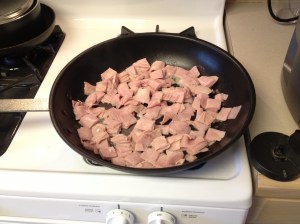 Low salt deli ham, sautee till start to brown and get all the water out.