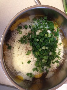 I wisk together my eggs, pecorino romano cheese, scallions, pepper, nutmeg and a splash of milk or half & half.